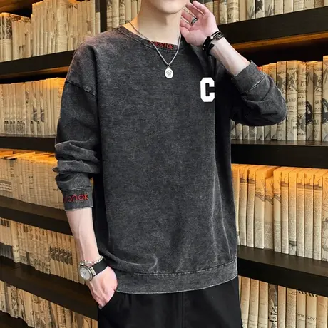 牛仔长袖t恤男春秋款水洗做旧刺绣圆领卫衣男复古潮流山系打底衫商品大图