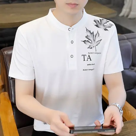 小立领男款T恤夏季修身有带领短袖polo衫高端印花夏装薄款上衣服商品大图