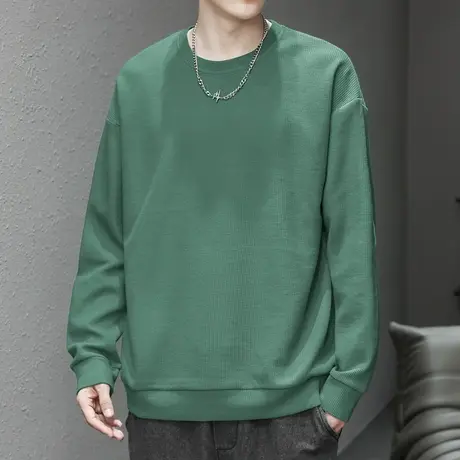 美式重磅华夫格圆领卫衣男秋冬款纯色上衣服加绒加厚无帽长袖t恤商品大图