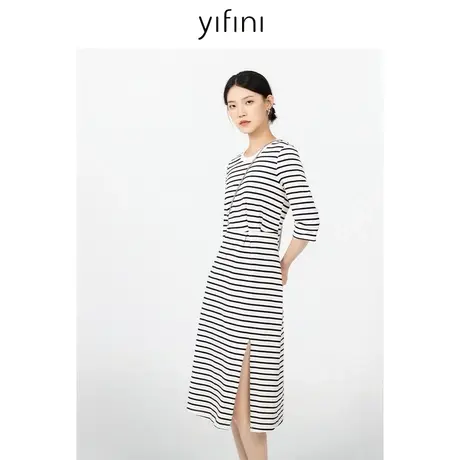 Yifini/易菲圆领气质收腰连衣裙女秋季新款下摆开叉条纹裙子图片