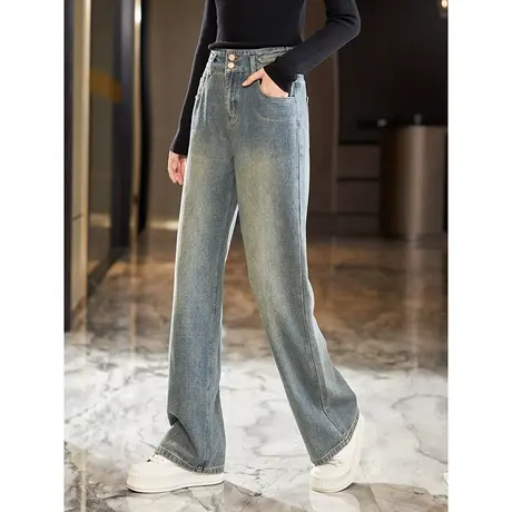 宝诗黎时尚复古阔腿牛仔裤女春秋款宽松显瘦高腰百搭长裤2023新款商品大图