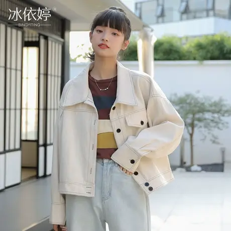 白色牛仔外套女宽松春秋时尚韩版百搭工装夹克复古ins潮短款上衣商品大图