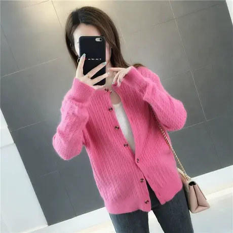 2023春秋季新款韩版纯色针织衫女开衫宽松单排扣短款毛衣外套百搭图片