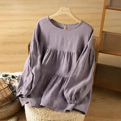 享永子亚麻娃娃衫女韩版文艺复古棉麻上衣T恤设计感小众2024新款图片