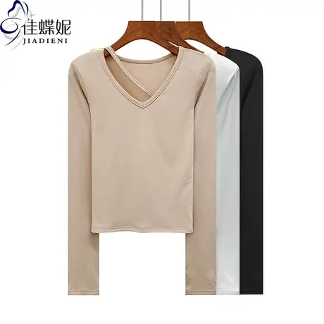 春秋新款韩版V领修身纯色纯棉内里磨毛长袖体恤上衣内搭女打底衫商品大图