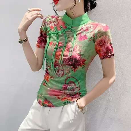 复古国风T恤女短袖夏季时尚立领盘扣上衣洋气印花小衫网纱丅恤潮图片