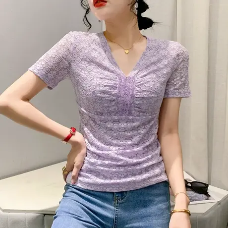 欧货性感V领短袖蕾丝衫女洋气纯色百搭紧身上衣夏季时尚钉珠T恤潮商品大图