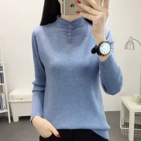 针织衫秋冬新款女半高领纽扣修身打底衫女内搭短款长袖洋气上衣潮商品大图
