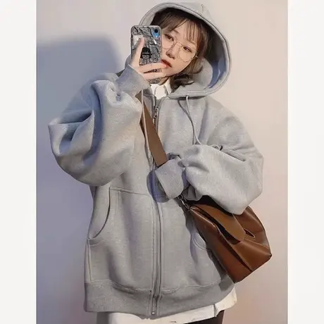 灰色外套女秋冬款宽松2023新款爆款小个子慵懒风休闲连帽卫衣开衫商品大图