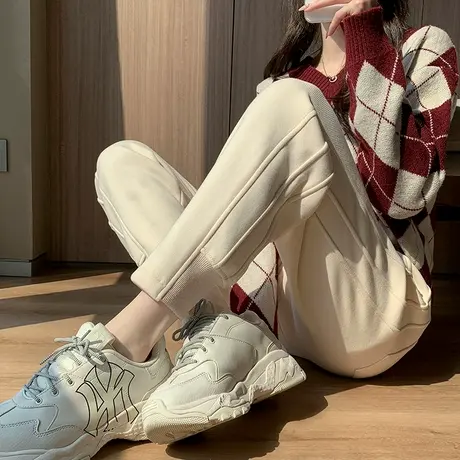 加绒运动裤女宽松束脚秋冬2023年加厚高腰显瘦卫裤拼接休闲哈伦裤商品大图