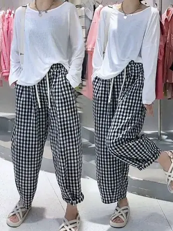 黑白格子休闲裤女2023年春夏季新款复古宽松显瘦松紧腰哈伦九分裤商品大图