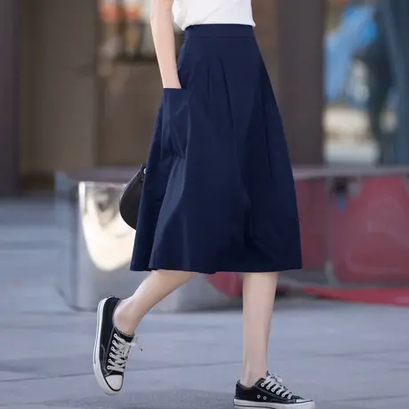 高腰a字半身裙女夏季2024新款小个子口袋中长款工装裙藏蓝色裙子图片