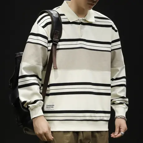 潮牌重磅POLO卫衣男秋冬款翻领男款衣服条纹秋季2023新款长袖大码图片