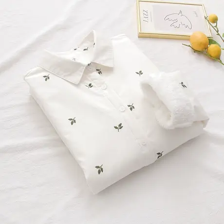 秋冬文艺小清新加绒加厚刺绣白色衬衫女长袖宽松百搭打底保暖衬衣图片