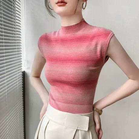 渐变条纹无袖针织衫女秋季新款修身显瘦多巴胺穿搭半高领打底上衣商品大图