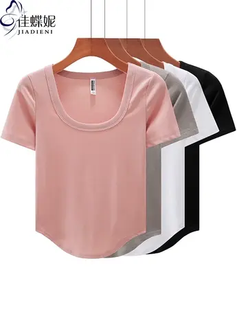 夏季韩版U领纯棉修身纯色纯欲燕尾摆短袖上衣内搭打底女圆弧T恤商品大图