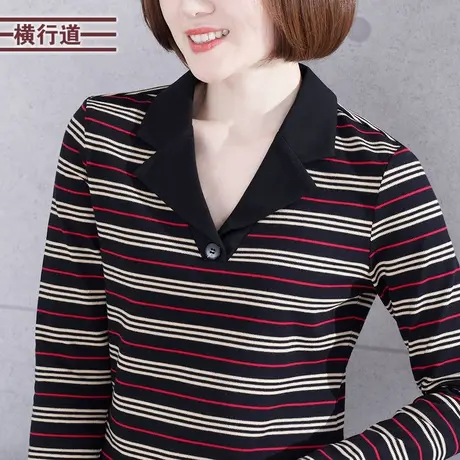 翻领条纹宽松纯棉女装减龄t恤打底衫小衫春装中年妈妈长袖上衣商品大图