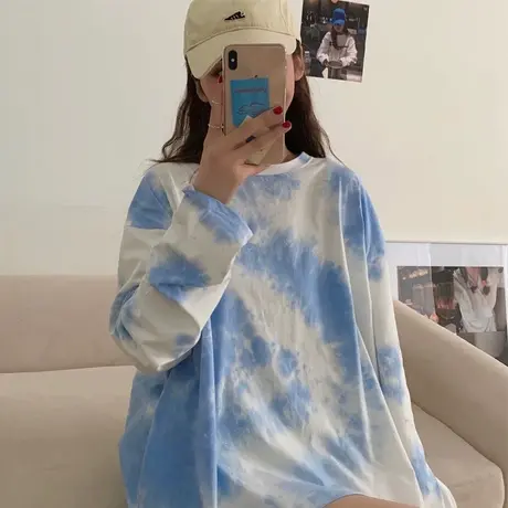 2024年早秋季新款宽松小众设计感扎染中长款长袖t恤女装上衣服潮商品大图