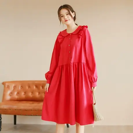 【买一送一】秋新品复古文艺红色连衣裙大码花边设计显瘦裙子商品大图