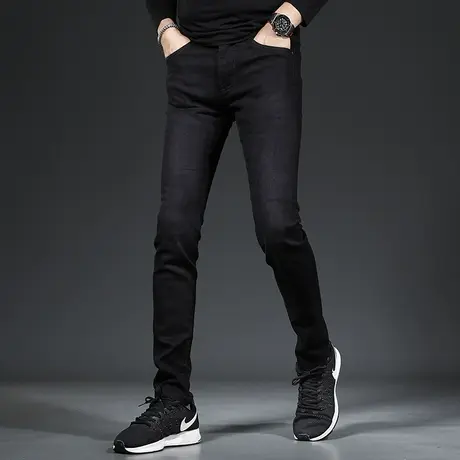 纯黑色牛仔裤男秋冬新款修身小脚男士简约潮流休闲裤子男弹力厚款商品大图