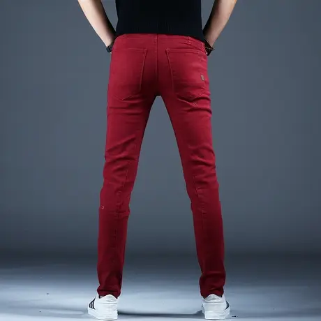 个性枣红色高档潮牌商务休闲牛仔裤男款小脚修身潮流裤子男士新款商品大图