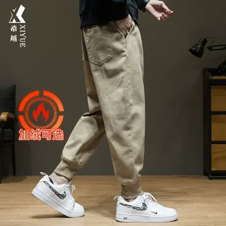 希越卡其色休闲裤男牛仔男裤春秋加绒宽松大码胖子290斤束脚裤子商品大图