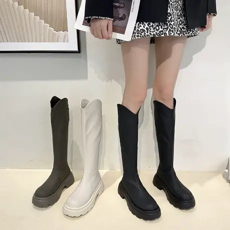 长筒靴女2023春秋季新款法式复古小个子瘦瘦靴粗跟厚底v口骑士靴图片