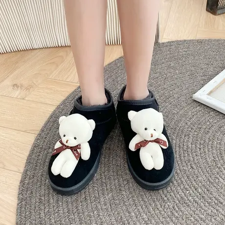 网红可爱小熊卡通雪地靴女2023冬季新款学生百搭低帮一脚蹬棉鞋女图片