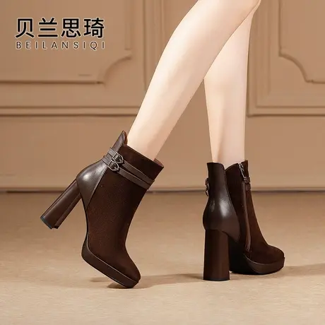 磨砂真皮拼接方头厚底粗跟短靴女2023秋冬季新款百搭高跟马丁靴图片