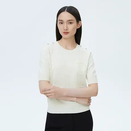LANCY/朗姿2023新款圆领短袖白色短袖T恤设计感短款针织衫女奥莱图片