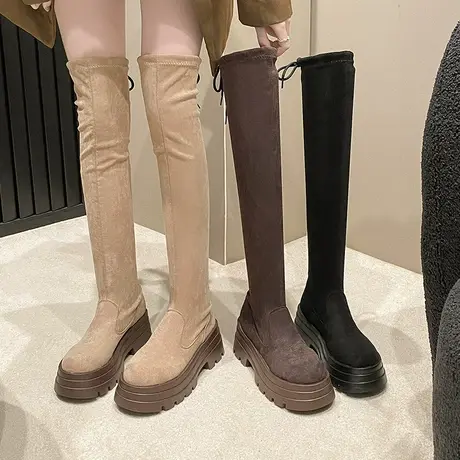 粗跟厚底过膝长筒靴女2023新款秋冬高跟小个子高筒复古显瘦弹力靴商品大图
