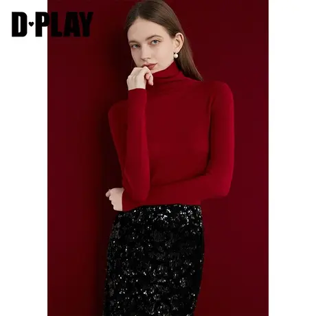 DPLAY秋季100羊毛红色红色修身针织衫打底衫毛衣商品大图