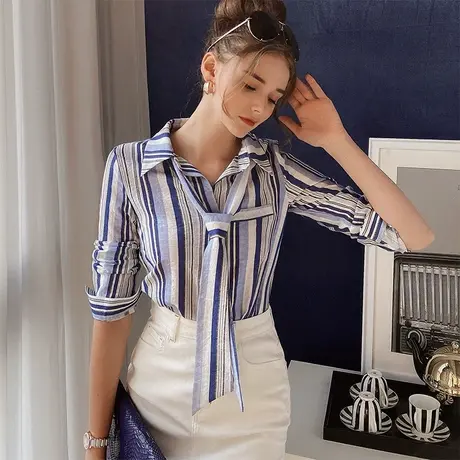 粉红大布娃娃条纹衬衫女2022新款领带设计感翻领修身时尚气质上衣商品大图