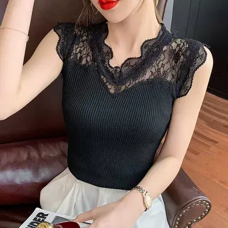 【直播】V领针织衫蕾丝拼接吊带背心无袖美背内搭打底衫商品大图