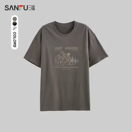 三福2023夏男士都市休闲圆领  简约宽松短袖T恤山脉风景474821商品大图