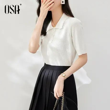 OSA欧莎白色Polo领短袖镂空针织衫女夏季2023年新款套头短款上衣商品大图
