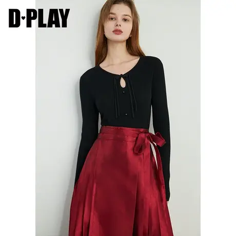 DPLAY春新中式羊毛黑色圆领镂空盘扣修身百搭内搭针织打底衫商品大图
