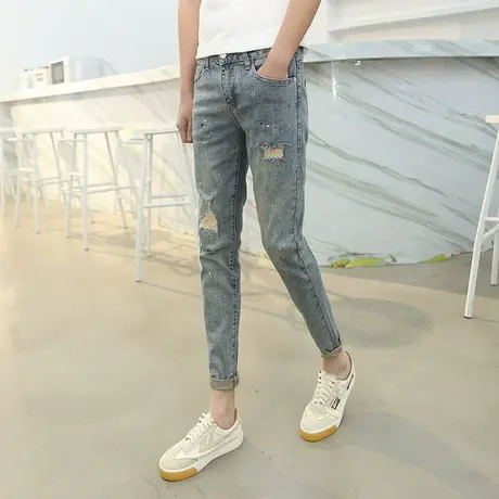 夏季男士牛仔裤九分裤小脚裤裤子修身潮流9分潮牌ins破洞弹力百搭商品大图