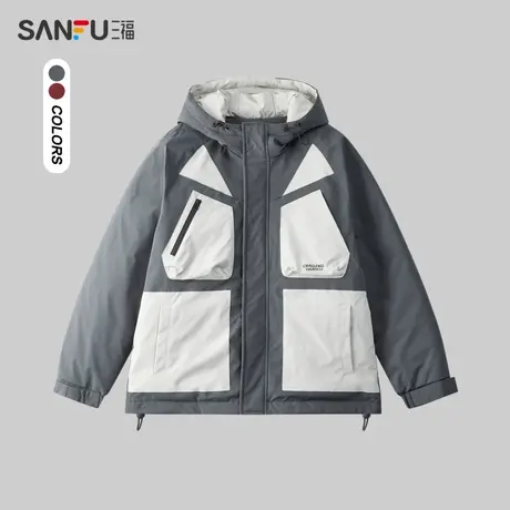 三福2023冬季男士分割多袋拼接短棉衣 宽松连帽外套男479601商品大图