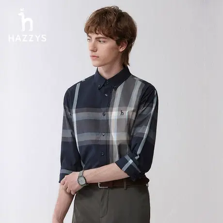 【纯棉格纹】Hazzys哈吉斯春季男士长袖衬衫商务休闲通勤衬衣外套图片