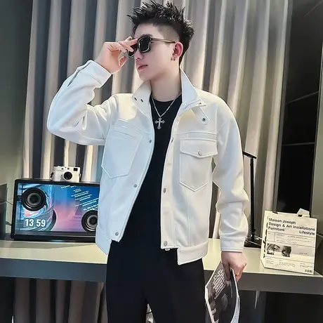 潮牌设计感外套春秋季翻领口袋工装上衣男装2023新款痞帅修身夹克商品大图