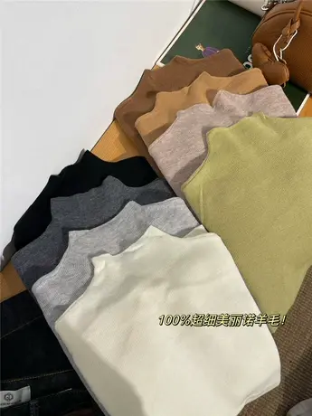 超细半高领全羊毛针织打底衫女2023秋冬薄款弹力修身内搭毛衣上衣商品大图