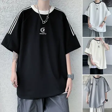 短袖T恤男夏季薄款2023新款情侣条纹圆领运动半袖体恤宽松上衣服商品大图