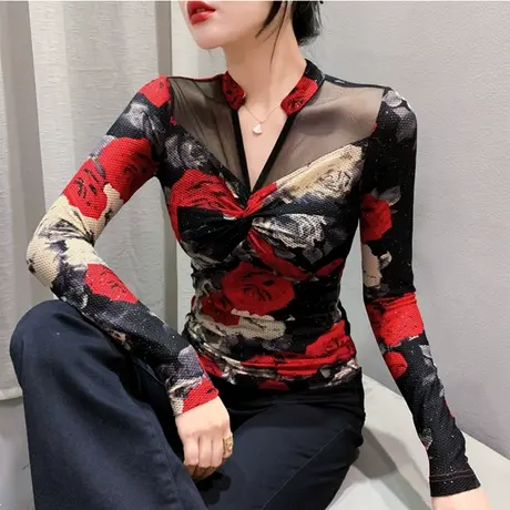 性感镂空V领打底衫长袖网纱扭结拼接时尚气质减龄上衣女修身T恤潮商品大图