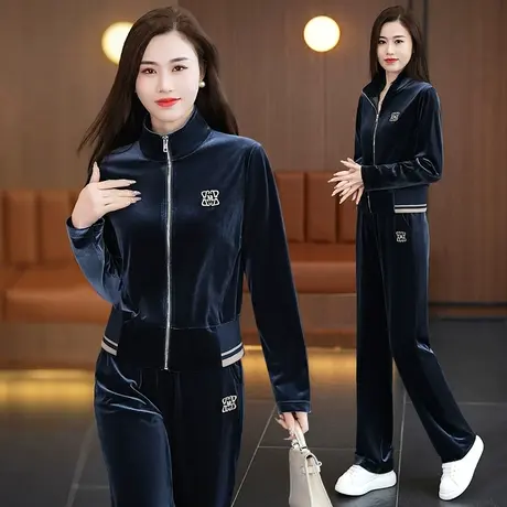 短款卫衣套装女春秋2024年新款时尚金丝绒直筒裤休闲运动服两件套商品大图