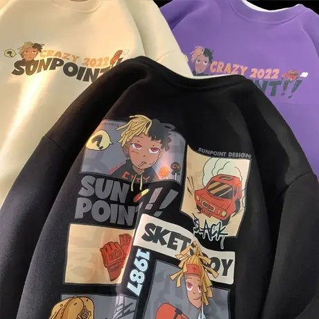 美式趣味人物印花圆领套头卫衣男hiphop宽松假两件长袖情侣上衣服商品大图