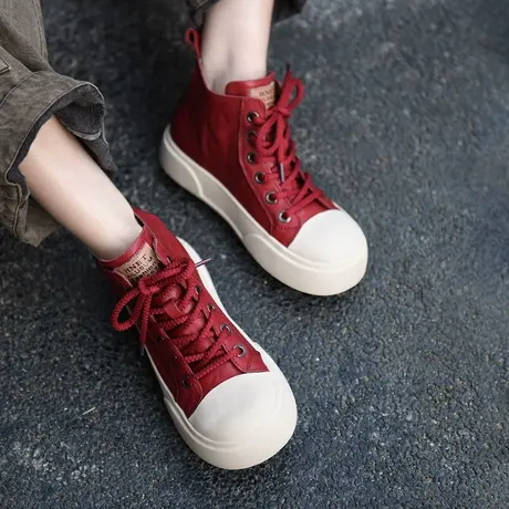 Artmu阿木复古真皮高帮厚底休闲板鞋女款红色手抓纹女鞋2024新款商品大图
