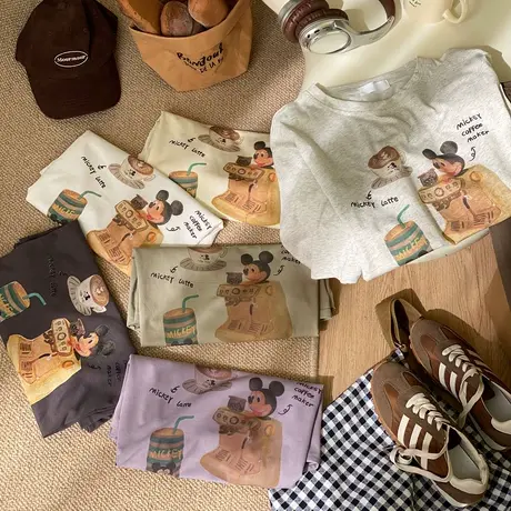 早春韩国chic咖啡米奇印花短袖T恤女ins纯棉宽松休闲洋气半袖上衣商品大图