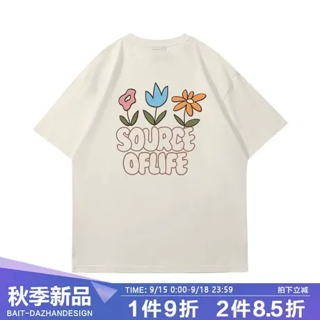 潮牌高街ins百搭花朵字母印花短袖上衣夏季港风宽松纯棉透气t恤衫商品大图
