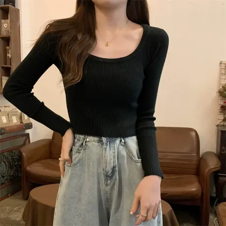 方领打底衫女秋冬内搭洋气显瘦修身基础款长袖毛衣短款针织上衣潮图片